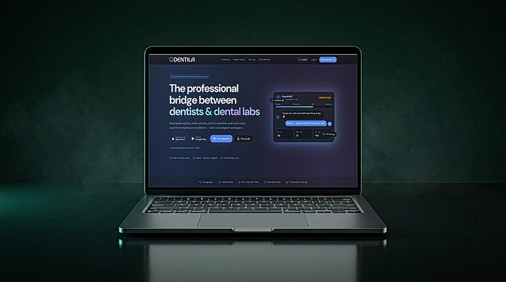 Dentila — dentist and dental lab web platform shown on a laptop
