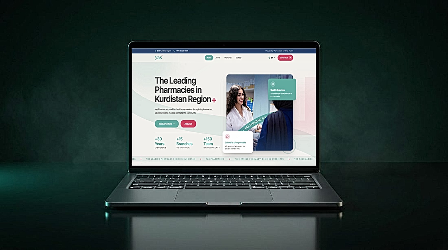 Yas Pharmacies — pharmacy chain website shown on a laptop