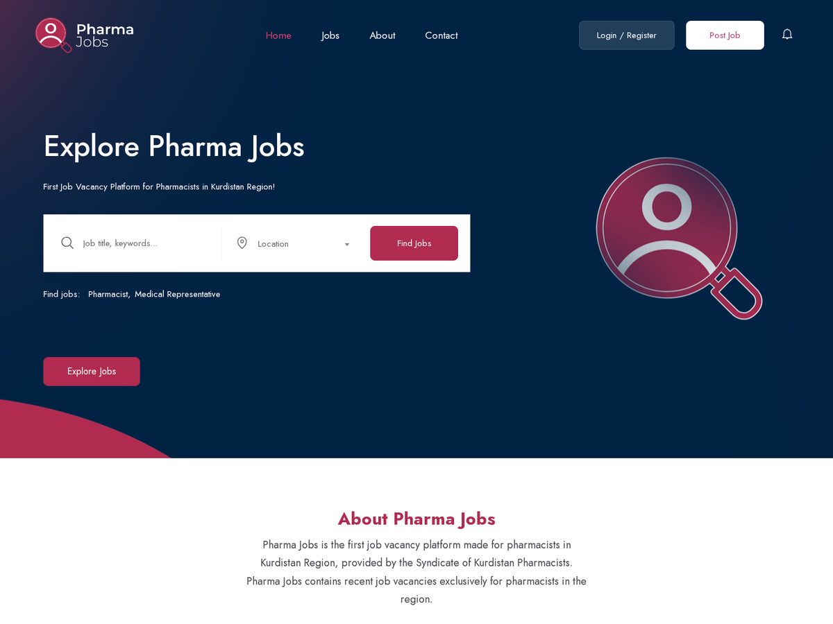Pharma Jobs — Web platform · Job portal shown in a desktop browser