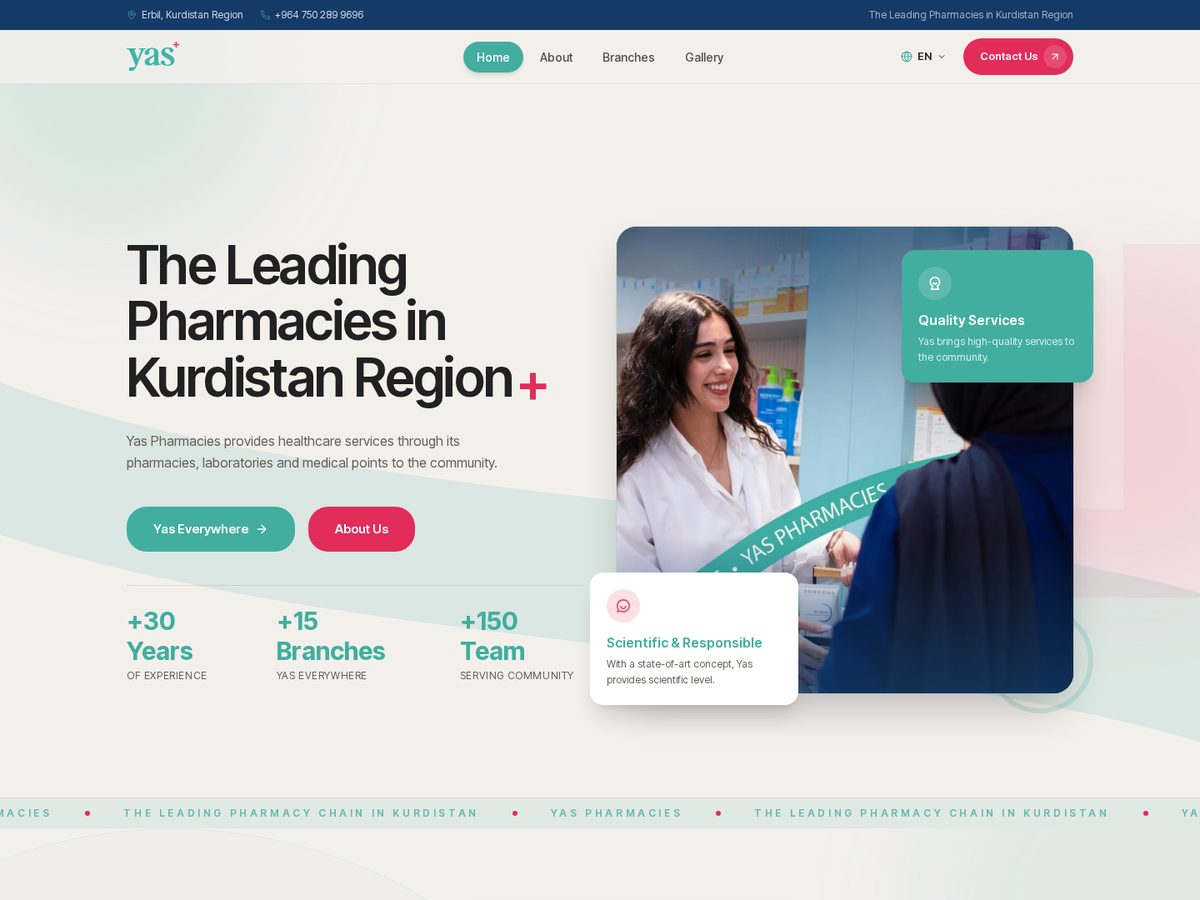 Yas Pharmacies — Website · Healthcare shown in a desktop browser